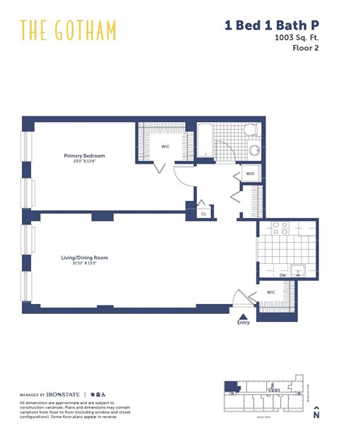 Floor plan for 1 bed, 1 bath, 1003 sqft